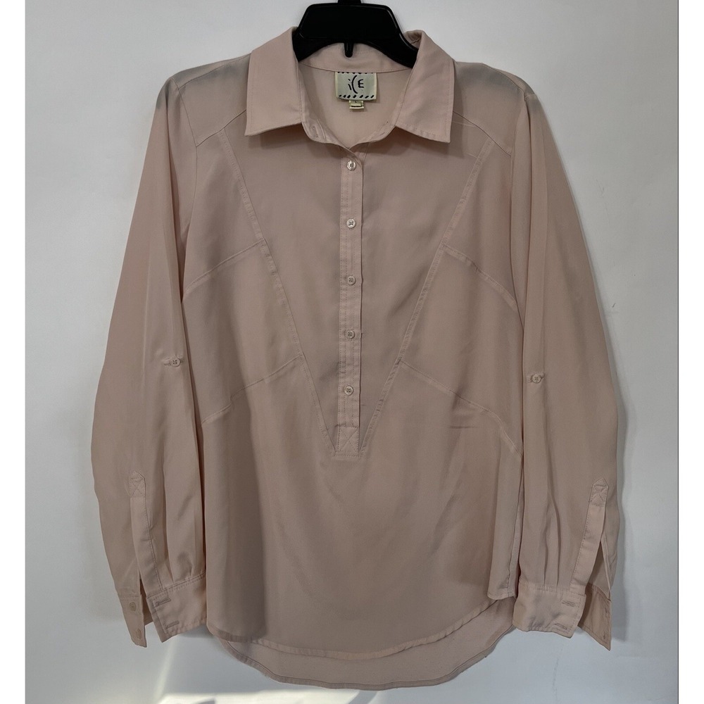 ICE Womens Blouse Top Large Light Pink Long 3/4 Sleeve Button Down Linen Shirt